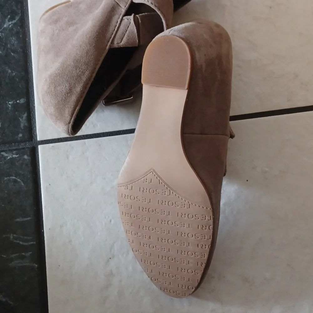 Tesori Grey Mary Jane Suede Wedge Heels , tan, 8.5